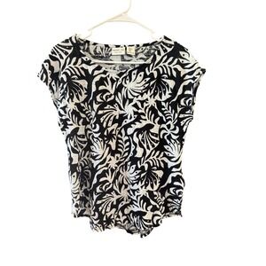 Rachel Zoe Women Large Black White 100% Linen Tropical Palm Print Cap Sleeve Top